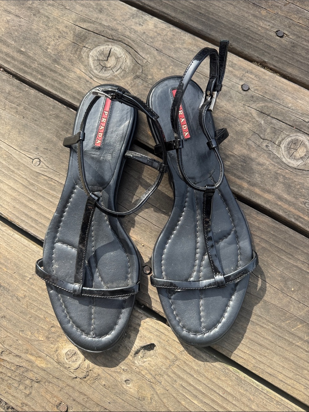 Prada Black Patent T-Strap Sandals